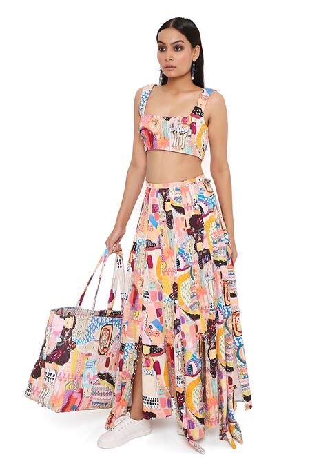 Payal Singhal Peach Denim Trance Square Neck Alecia Printed Top And Skirt Set at Aza Fashions Payal Singhal_Peach Denim Trance Square Neck Alecia Printed Top And Skirt Set _at_Aza_Fashions