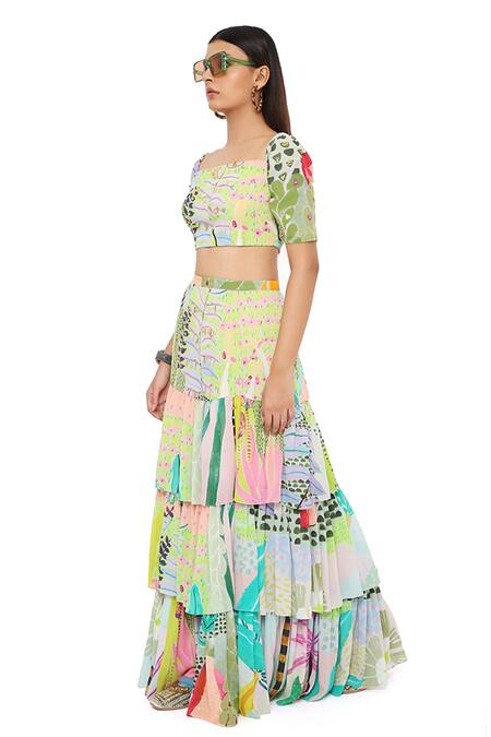 Payal Singhal Green Georgette Sequin, Tropical Square Neck Agnes Printed Top And Skirt Set at Aza Fashions Payal Singhal_Green Georgette Sequin, Tropical Square Neck Agnes Printed Top And Skirt Set _at_Aza_Fashions