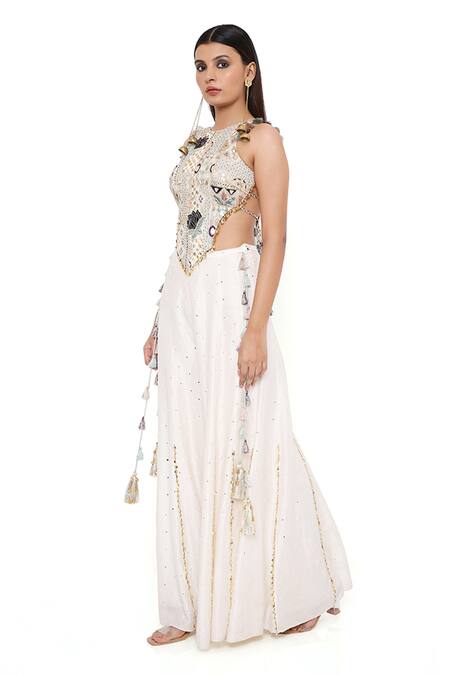 Payal Singhal_Off White Silk, Georgette Geometric Round Ira Embroidered Blouse And Sharara Set _at_Aza_Fashions