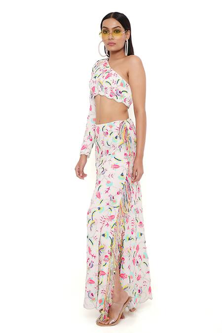 Payal Singhal Grey Georgette Embroidery Floral Asymmetric Elsa Top And Skirt Set at Aza Fashions Payal Singhal_Grey Georgette Embroidery Floral Asymmetric Elsa Top And Skirt Set _at_Aza_Fashions