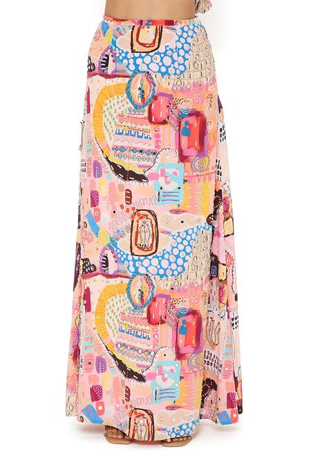 Payal Singhal_Peach Crepe Trance Asymmetric Tamara Printed Top And Skirt Set_at_Aza_Fashions