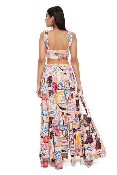 Buy Payal Singhal Peach Denim Trance Square Neck Alecia Printed Top And Skirt Set Buy_Payal Singhal_Peach Denim Trance Square Neck Alecia Printed Top And Skirt Set