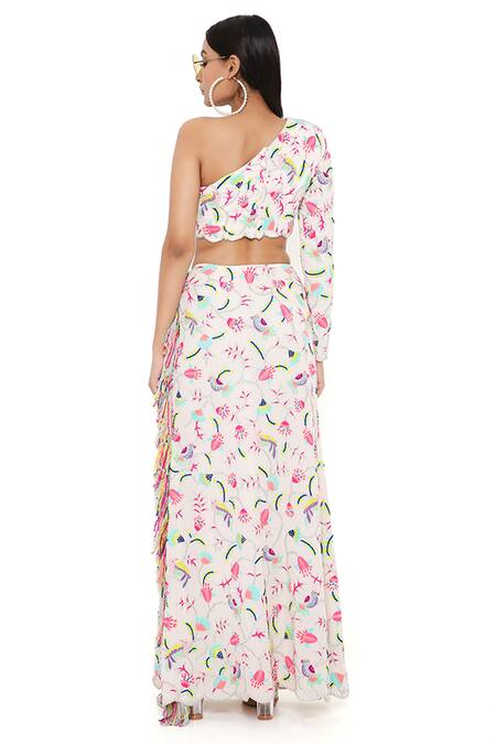 Buy Payal Singhal Grey Georgette Embroidery Floral Asymmetric Elsa Top And Skirt Set Buy_Payal Singhal_Grey Georgette Embroidery Floral Asymmetric Elsa Top And Skirt Set