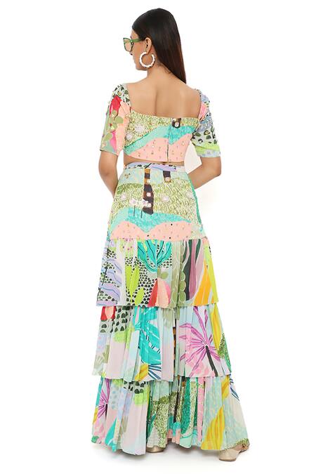 Buy Payal Singhal Green Georgette Sequin, Tropical Square Neck Agnes Printed Top And Skirt Set Buy_Payal Singhal_Green Georgette Sequin, Tropical Square Neck Agnes Printed Top And Skirt Set