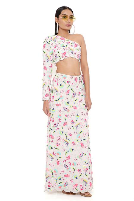 Shop Payal Singhal Grey Georgette Embroidery Floral Asymmetric Elsa Top And Skirt Set Shop_Payal Singhal_Grey Georgette Embroidery Floral Asymmetric Elsa Top And Skirt Set