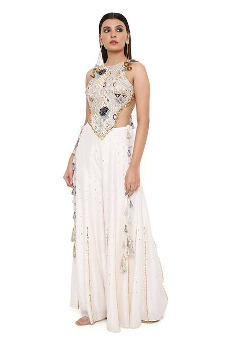 Shop_Payal Singhal_Off White Silk, Georgette Geometric Round Ira Embroidered Blouse And Sharara Set 