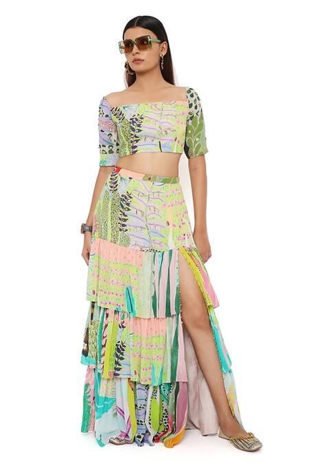 Shop Payal Singhal Green Georgette Sequin, Tropical Square Neck Agnes Printed Top And Skirt Set Shop_Payal Singhal_Green Georgette Sequin, Tropical Square Neck Agnes Printed Top And Skirt Set