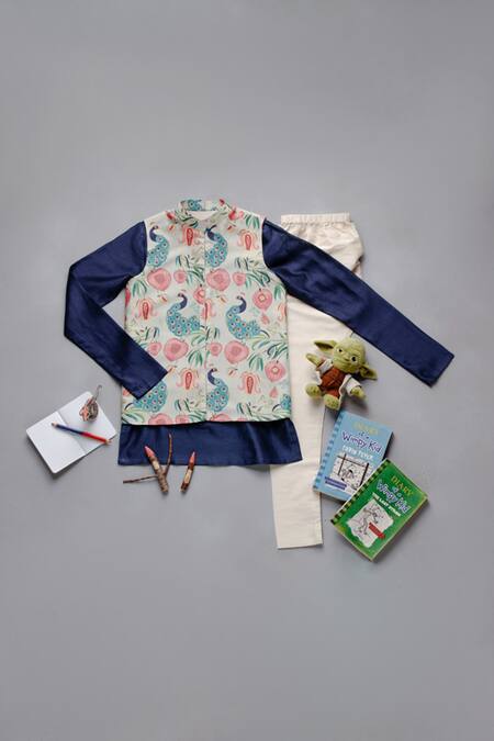 Shop PS Kids By Payal Singhal Beige Silk, Cotton Embroidery Abstract Print Bundi And Kurta Set at Aza Fashions Shop_PS Kids By Payal Singhal_Beige Silk, Cotton Embroidery Abstract Print Bundi And Kurta Set_at_Aza_Fashions