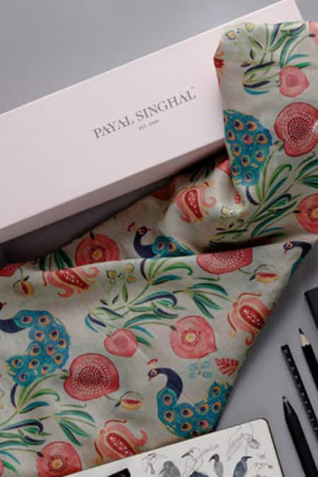 Shop_Payal Singhal Accessories_Beige Foil Printing Chanderi Silk Printed Scarf _at_Aza_Fashions