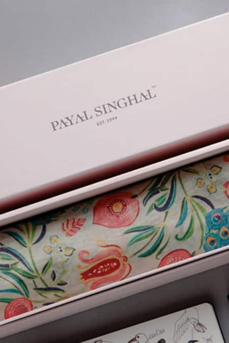 Payal Singhal Accessories_Beige Foil Printing Chanderi Silk Printed Scarf _Online_at_Aza_Fashions