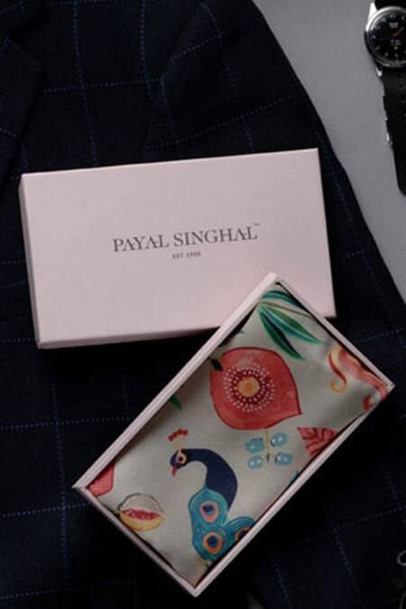 Shop Payal Singhal Accessories Beige Printed Silk Pocket Square at Aza Fashions Shop_Payal Singhal Accessories_Beige Printed Silk Pocket Square_at_Aza_Fashions