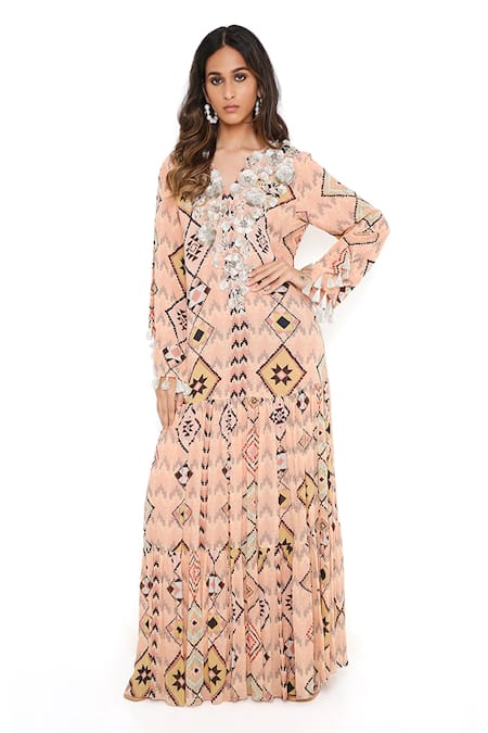 Payal Singhal Diamond Print Tiered Gown 