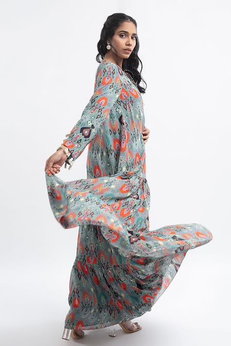 PS Pret By Payal Singhal_Blue Art Georgette Ikat Garden Motif Round Print Tiered Dress_Online_at_Aza_Fashions