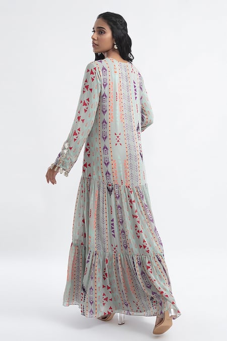 Shop PS Pret By Payal Singhal Grey Art Georgette Ikat Stripe Motif Round Print Tiered Dress at Aza Fashions Shop_PS Pret By Payal Singhal_Grey Art Georgette Ikat Stripe Motif Round Print Tiered Dress_at_Aza_Fashions