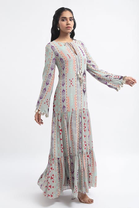 PS Pret By Payal Singhal Grey Art Georgette Ikat Stripe Motif Round Print Tiered Dress Online at Aza Fashions PS Pret By Payal Singhal_Grey Art Georgette Ikat Stripe Motif Round Print Tiered Dress_Online_at_Aza_Fashions