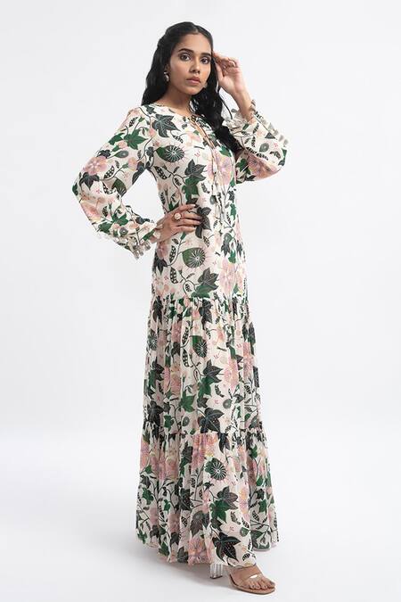 PS Pret By Payal Singhal_White Art Georgette Ikat Stripe Motifs Round Tiered Printed Dress _Online_at_Aza_Fashions