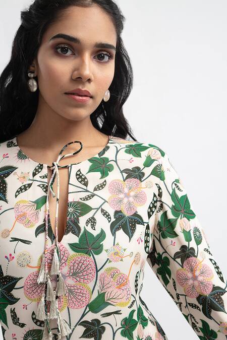 Buy_PS Pret By Payal Singhal_White Art Georgette Ikat Stripe Motifs Round Tiered Printed Dress _Online_at_Aza_Fashions