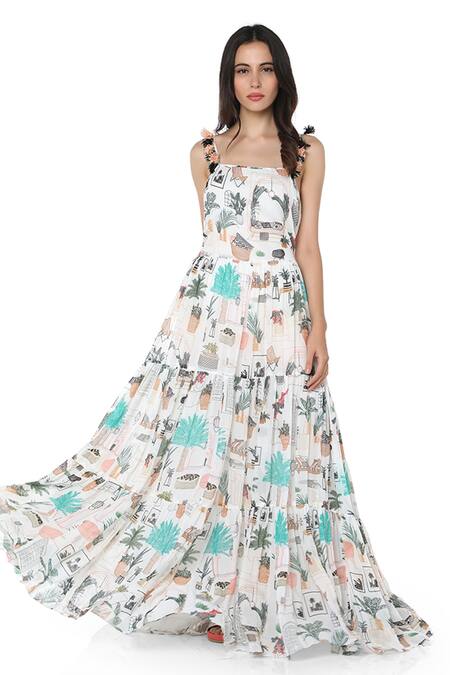 PS Pret By Payal Singhal White Art Georgette Morocco Motifs Square Neck Print Tiered Gown Online at Aza Fashions PS Pret By Payal Singhal_White Art Georgette Morocco Motifs Square Neck Print Tiered Gown _Online_at_Aza_Fashions