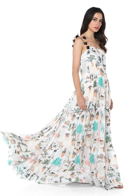 Buy PS Pret By Payal Singhal White Art Georgette Morocco Motifs Square Neck Print Tiered Gown Online at Aza Fashions Buy_PS Pret By Payal Singhal_White Art Georgette Morocco Motifs Square Neck Print Tiered Gown _Online_at_Aza_Fashions