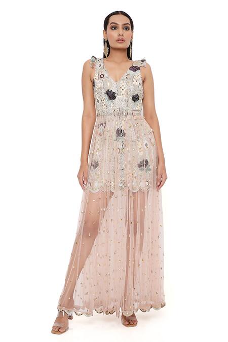 Buy Payal Singhal Pink Georgette Embroidery Geometric V Neck Mirai Dress With Skirt Online at Aza Fashions Buy_Payal Singhal_Pink Georgette Embroidery Geometric V Neck Mirai Dress With Skirt _Online_at_Aza_Fashions
