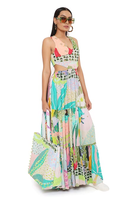 Shop Payal Singhal Green Georgette Tropical V Neck Emma Print Gown Online at Aza Fashions Shop_Payal Singhal_Green Georgette Tropical V Neck Emma Print Gown _Online_at_Aza_Fashions