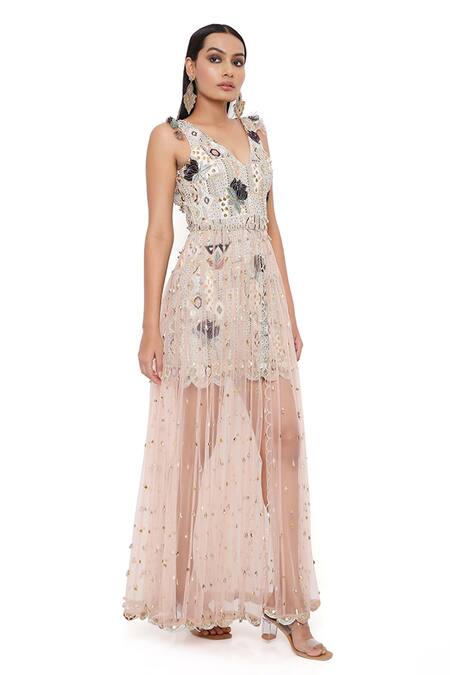 Shop Payal Singhal Pink Georgette Embroidery Geometric V Neck Mirai Dress With Skirt Online at Aza Fashions Shop_Payal Singhal_Pink Georgette Embroidery Geometric V Neck Mirai Dress With Skirt _Online_at_Aza_Fashions