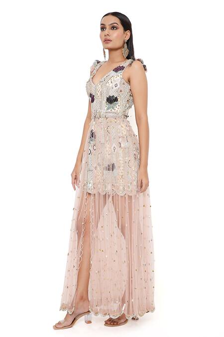 Payal Singhal Pink Georgette Embroidery Geometric V Neck Mirai Dress With Skirt at Aza Fashions Payal Singhal_Pink Georgette Embroidery Geometric V Neck Mirai Dress With Skirt _at_Aza_Fashions