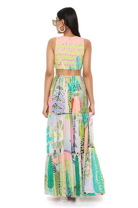 Buy Payal Singhal Green Georgette Tropical V Neck Emma Print Gown Buy_Payal Singhal_Green Georgette Tropical V Neck Emma Print Gown