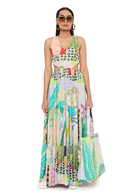 Shop Payal Singhal Green Georgette Tropical V Neck Emma Print Gown Shop_Payal Singhal_Green Georgette Tropical V Neck Emma Print Gown