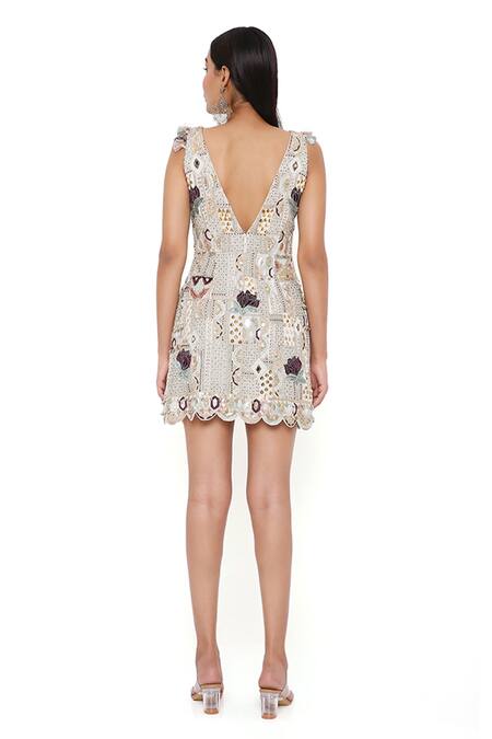 Shop Payal Singhal Pink Georgette Embroidery Geometric V Neck Mirai Dress With Skirt Shop_Payal Singhal_Pink Georgette Embroidery Geometric V Neck Mirai Dress With Skirt