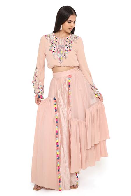 Payal Singhal Pink Georgette Embroidery Thread Round Top And Asymmetric Skirt Set Online at Aza Fashions Payal Singhal_Pink Georgette Embroidery Thread Round Top And Asymmetric Skirt Set _Online_at_Aza_Fashions