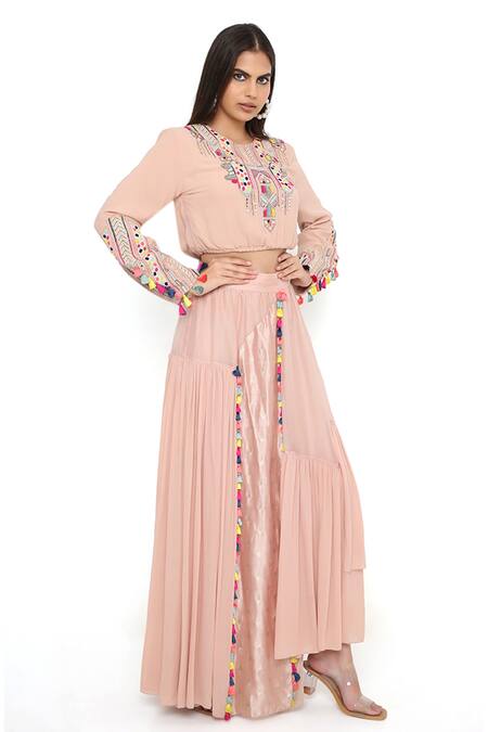 Buy Payal Singhal Pink Georgette Embroidery Thread Round Top And Asymmetric Skirt Set Online at Aza Fashions Buy_Payal Singhal_Pink Georgette Embroidery Thread Round Top And Asymmetric Skirt Set _Online_at_Aza_Fashions