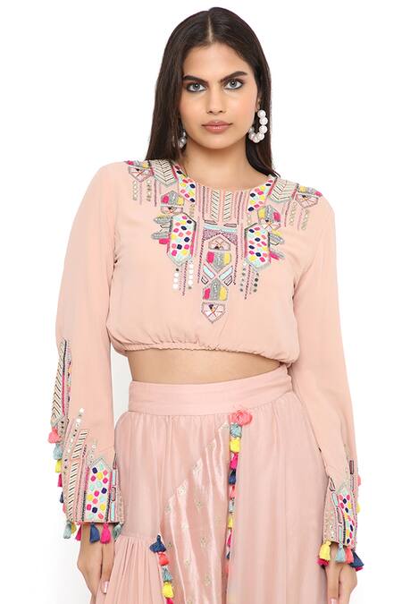 Shop Payal Singhal Pink Georgette Embroidery Thread Round Top And Asymmetric Skirt Set Online at Aza Fashions Shop_Payal Singhal_Pink Georgette Embroidery Thread Round Top And Asymmetric Skirt Set _Online_at_Aza_Fashions