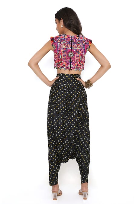 Shop Payal Singhal Black Silk Print And Embroidery Blouse & Low Crotch Pant Set at Aza Fashions Shop_Payal Singhal_Black Silk Print And Embroidery Blouse & Low Crotch Pant Set _at_Aza_Fashions