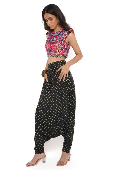Payal Singhal Black Silk Print And Embroidery Blouse & Low Crotch Pant Set Online at Aza Fashions Payal Singhal_Black Silk Print And Embroidery Blouse & Low Crotch Pant Set _Online_at_Aza_Fashions