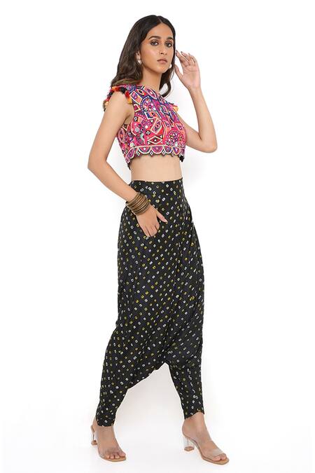 Buy Payal Singhal Black Silk Print And Embroidery Blouse & Low Crotch Pant Set Online at Aza Fashions Buy_Payal Singhal_Black Silk Print And Embroidery Blouse & Low Crotch Pant Set _Online_at_Aza_Fashions