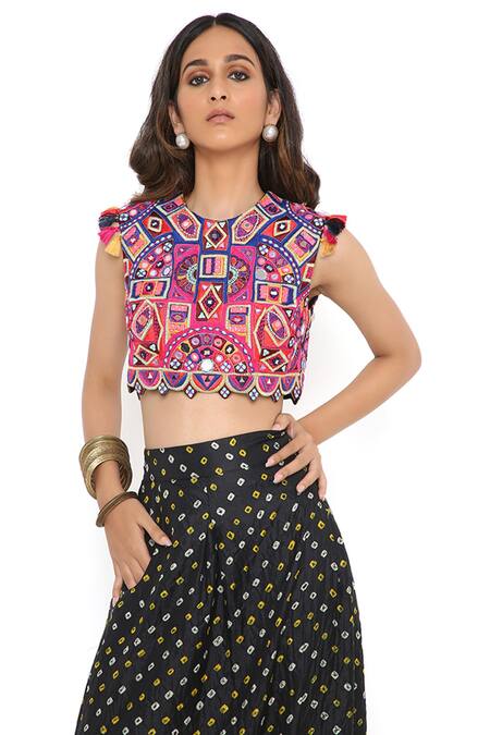 Shop Payal Singhal Black Silk Print And Embroidery Blouse & Low Crotch Pant Set Online at Aza Fashions Shop_Payal Singhal_Black Silk Print And Embroidery Blouse & Low Crotch Pant Set _Online_at_Aza_Fashions