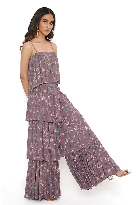 Payal Singhal_Purple Georgette Forest Straight Top And Layered Sharara Set _Online_at_Aza_Fashions