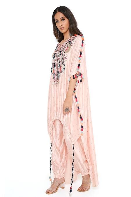 Payal Singhal Pink Silk Embroidery Thread Notched Kurta And Jogger Pant Set Online at Aza Fashions Payal Singhal_Pink Silk Embroidery Thread Notched Kurta And Jogger Pant Set _Online_at_Aza_Fashions