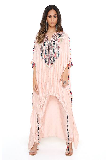 Buy Payal Singhal Pink Silk Embroidery Thread Notched Kurta And Jogger Pant Set Online at Aza Fashions Buy_Payal Singhal_Pink Silk Embroidery Thread Notched Kurta And Jogger Pant Set _Online_at_Aza_Fashions