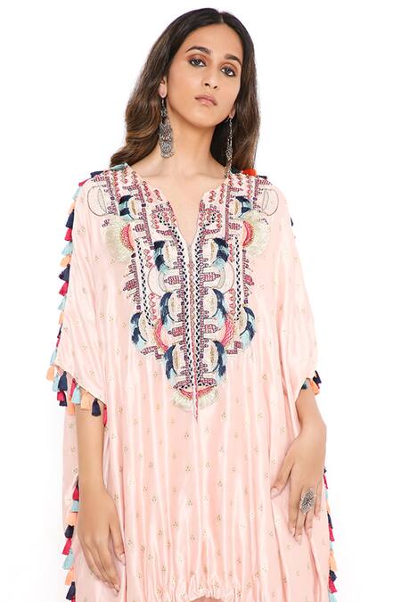 Shop Payal Singhal Pink Silk Embroidery Thread Notched Kurta And Jogger Pant Set Online at Aza Fashions Shop_Payal Singhal_Pink Silk Embroidery Thread Notched Kurta And Jogger Pant Set _Online_at_Aza_Fashions