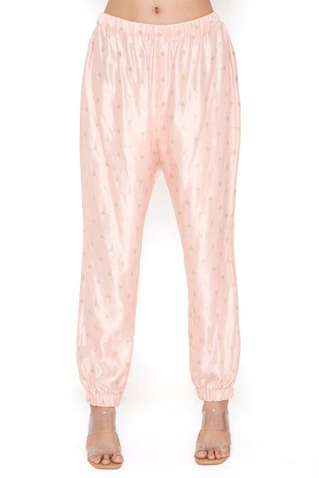 Payal Singhal Pink Silk Embroidery Thread Notched Kurta And Jogger Pant Set at Aza Fashions Payal Singhal_Pink Silk Embroidery Thread Notched Kurta And Jogger Pant Set _at_Aza_Fashions