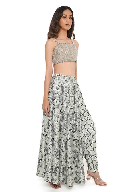 Buy_Payal Singhal_Grey And Embroidery Jaal & Floral & Pearls Square Blouse & Lehenga Set_Online_at_Aza_Fashions