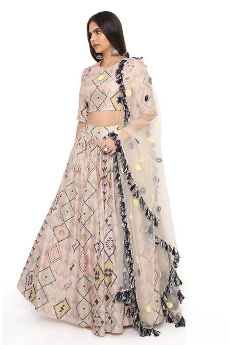 Buy Payal Singhal Pink Silkmul And Net Diamond Print Round Lehenga Set Online at Aza Fashions Buy_Payal Singhal_Pink Silkmul And Net Diamond Print Round Lehenga Set _Online_at_Aza_Fashions