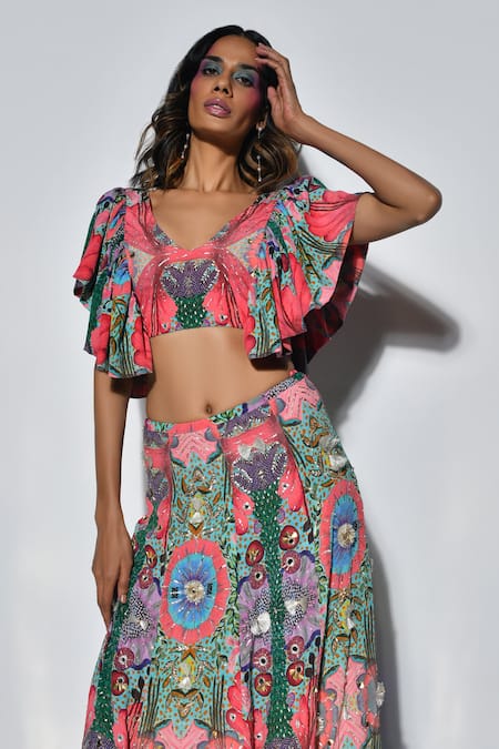 Payal Singhal_Red Crepe And Embroidery Enchanted Blunt V Noelle Top & Skirt Set _at_Aza_Fashions