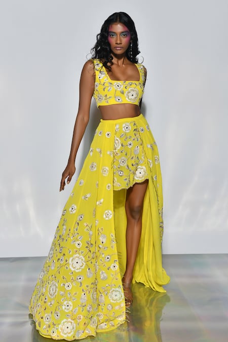 Shop_Payal Singhal_Yellow Georgette And Net Embroidery Thread & Mirror Straight Sarah Skirt Set _Online_at_Aza_Fashions