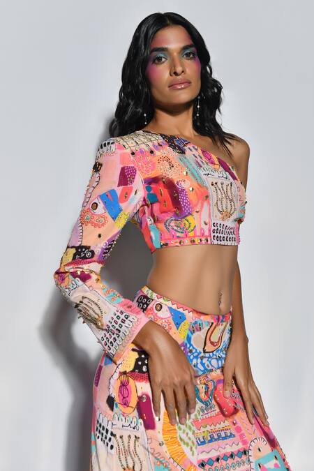 Buy_Payal Singhal_Peach Crepe Trance Asymmetric Tamara Printed Top And Skirt Set