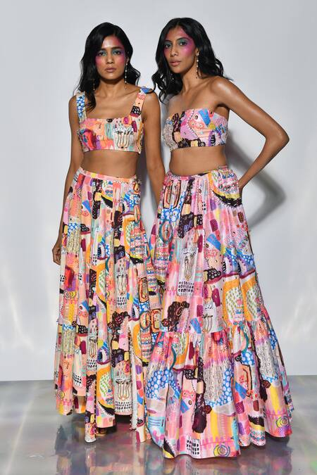 Shop Payal Singhal Peach Denim Trance Square Neck Alecia Printed Top And Skirt Set Online at Aza Fashions Shop_Payal Singhal_Peach Denim Trance Square Neck Alecia Printed Top And Skirt Set _Online_at_Aza_Fashions