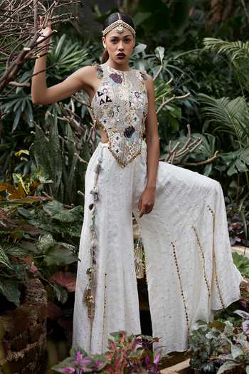 Payal Singhal Green Georgette Embroidery Mirror And Thread Asymmetric Hem Choli And Sharara Set at Aza Fashions Payal Singhal_Green Georgette Embroidery Mirror And Thread Asymmetric Hem Choli And Sharara Set _at_Aza_Fashions