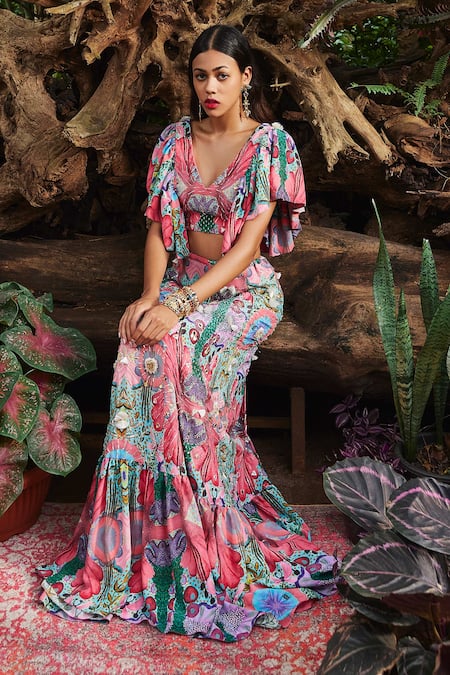 Shop_Payal Singhal_Red Crepe And Embroidery Enchanted Blunt V Noelle Top & Skirt Set _Online_at_Aza_Fashions